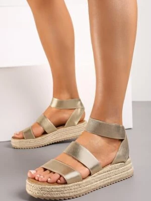 Złote Sandały na Platformie z Plecionki z Cholewką z Szerokimi Paskami Pleodda