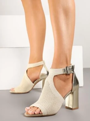 Złote Sandały na Słupku z Ażurową Cholewką i Paskiem z Klamrą Belritia ideal
