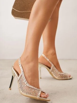 Złote Sandały na Szpilce VICES z Transparentną Cholewką i Cyrkoniami Imelle