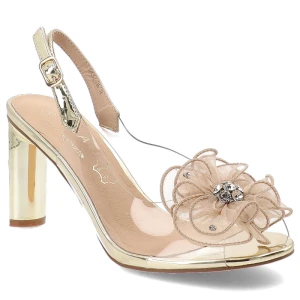 Sandały damskie S. Barski, na słupku z odkrytą piętą z ozdobnym kwiatem transparentne, złote, MR52-236 S.Barski