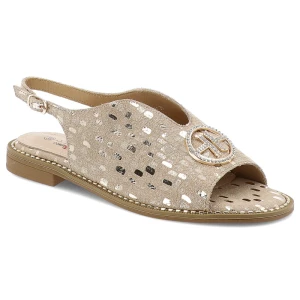 Sandały damskie S. Barski, eleganckie we wzorki skórzane na płaskim obcasie, złote, KV51-094 S.Barski