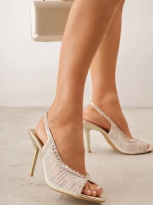 Złote Sandały Slingback VICES z Siateczki na Szpilce Zdobione Cyrkoniami Aethipe