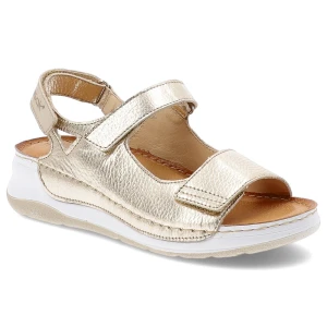 Sandały damskie Wasak, skórzane na platformie na rzepy z miękkimi wkładkami, złote groszek, 765