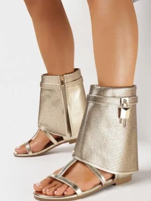 Złote Sandały z Wywiniętą Wysoką Cholewką z Klamrą i Cyrkoniami Afilla