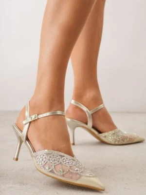 Złote Siateczkowe Czółenka na Szpilce VICES Ozdobione Cyrkoniami i Brokatem Orinelis