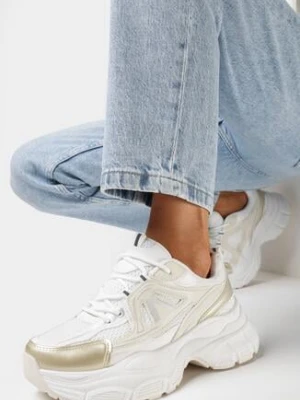 Złote Sneakersy na Grubej Podeszwie z Metalicznymi Wstawkami i Siateczką Aterim