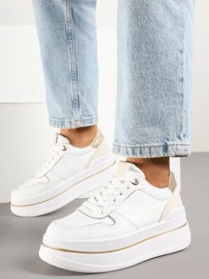 Biało-Złote Sneakersy na Grubej Podeszwie z Napisem i Brokatem Odivena