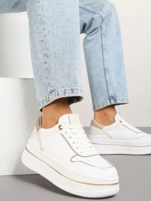 Biało-Złote Sneakersy na Platformie Ozdobione Brokatem i Napisem Udivoria mellisa