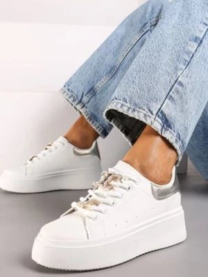 Biało-Złote Sneakersy na Platformie Ozdobione Cyrkoniami i Aplikacjami na Sznurówkach Arretea