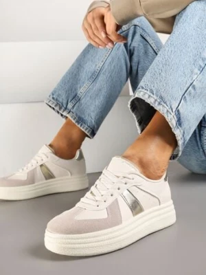 Beżowo-Złote Sneakersy na Platformie Ozdobione Paskami ze Sznurowaniem Bormi