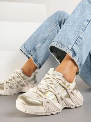 Złote Sneakersy z Ozdobnym Sznurowaniem i Tłoczoną Podeszwą Nurilune mulanka