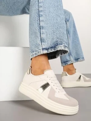 Beżowo-Złote Sznurowane Sneakersy na Grubej Podeszwie z Geometrycznym Motywem Melmi