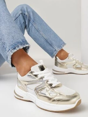 Złote Sznurowane Sneakersy na Grubej Podeszwie ze Wstawkami z Ekoskóry Vitalirs