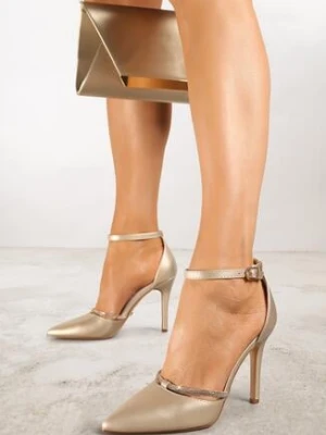 Złote Szpilki Vices ze Skórzaną Wkładką Zdobione Cyrkoniami Lizzira