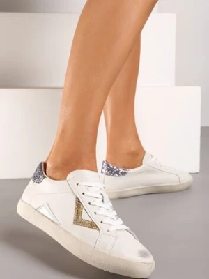 Biało-Złote Sneakersy Sznurowane z Cholewką przed Kostkę z Brokatem Toneri