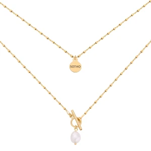 Złoty kosteczkowy naszyjnik z ozdobnym zapięciem i perłą : Długość - 41,5 cm SOTHO