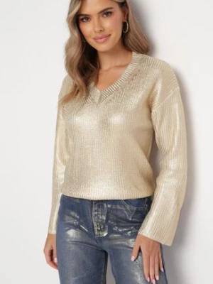 Złoty Metaliczny Sweter z Dekoltem w Serek Upinna