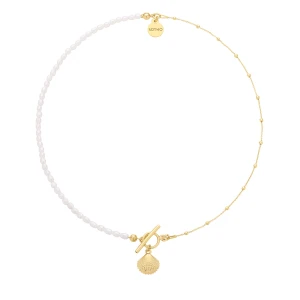 Złoty naszyjnik z naturalnych pereł zdobiony muszelką SOTHO