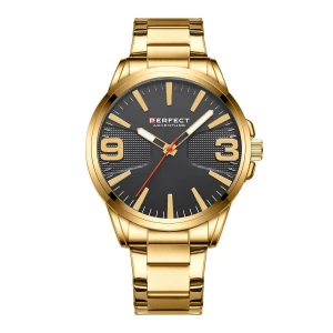 Złoty zegarek męski bransoleta duży solidny Perfect M114 żółty, złoty Merg