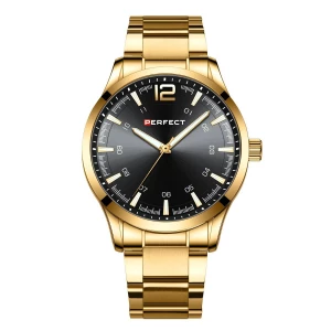 Złoty zegarek męski bransoleta duży solidny Perfect M115 żółty, złoty Merg
