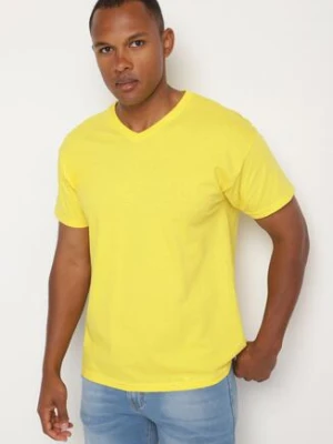 Żółta Bawełniana Koszulka T-shirt Basic z Dekoltem w Serek Malvinea