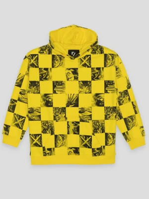 Żółta bluza dresowa oversize z kapturem z motywem szachownicy Reporter Young