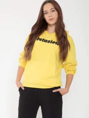 Żółta bluza dresowa z kapturem i wypukłym nadrukiem Reporter
