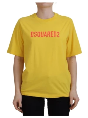 Żółta Koszulka z Logo z Bawełny z Dekoltem w Serek Dsquared2