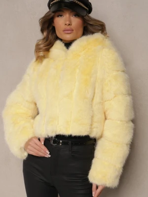 Żółta Krótka Kurtka Futerko z Pikowanymi Przeszyciami Kemeriana Wool Fashion