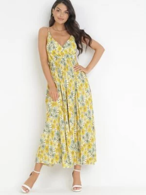 Żółta Plisowana Sukienka Maxi na Cienkich Regulowanych Ramiączkach Iazza