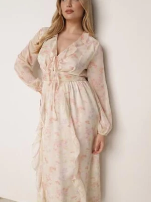 Żółta Romantyczna Sukienka z Falbankami Wiązaniem i Wycięciami w Talii Rhelorin bisou's project