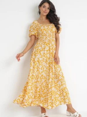 Żółta Rozkloszowana Sukienka Maxi w Kwiaty Casceia