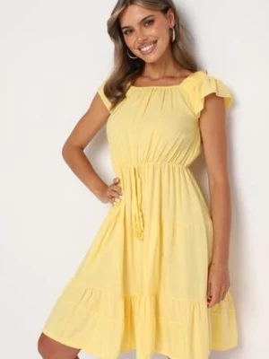 Żółta Rozkloszowana Sukienka w Hiszpańskim Stylu z Gumką w Pasie Yemvia