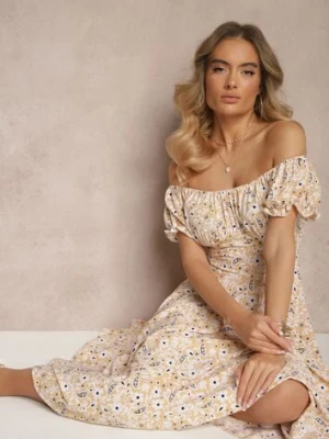 Żółta Rozkloszowana Sukienka w Kwiatowy Print z Bawełną i Dekoltem Łódką z Bufkami Saniren wei wei