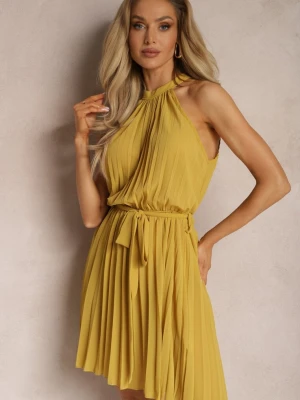 Żółta Rozkloszowana Sukienka z Plisami i Zapięciem przy Karku Mini Dodatkowo Pasek Asmeriema Fashion