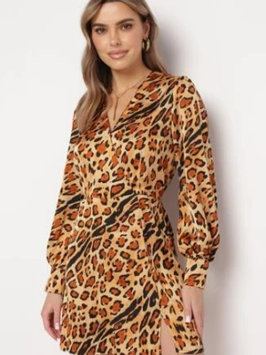 Żółta Satynowa Sukienka Mini w Cętki z Kopertowym Dekoltem Nenexa retro & icone