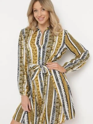 Żółta Sukienka Koszulowa z Wiskozy Rozkloszowana z Materiałowym Paskiem Sigina cflo