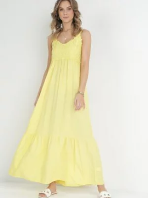 Żółta Sukienka Maxi z Ażurowym Dekoltem i Falbaną na Dole z Wiskozy Nelnin