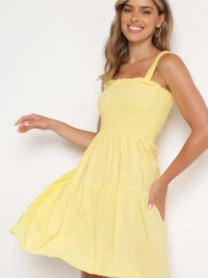 Żółta Sukienka na Ramiączkach z Gumką w Talii i Falbankami Tiamaree