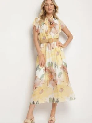 Żółta Sukienka o Rozkloszowanym Kroju z Wiązaniem przy Dekolcie i Paskiem Sorilina lovery
