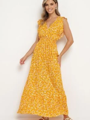 Żółta Wiskozowa Sukienka z Gumką w Talii z Kopertowym Dekoltem i Falbankami Voaladia