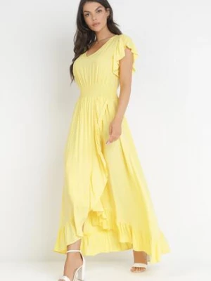 Żółta Wiskozowa Sukienka z Kopertowym Dołem i Dekoltem Lail