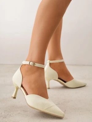 Żółte Czółenka z Tkaniny VICES na Niskim Obcasie z Paskiem Wokół Kostki i Wkładką Soft-Step Xylieth