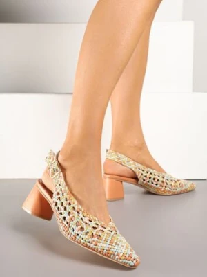 Pomarańczowe Sandały na Słupku Slingback Ozdobione Plecioną Cholewką Linaiana