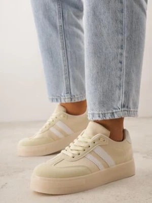 Żółte Sneakersy na Kauczukowej Grubej Podeszwie z Paskami po Bokach Ninlili