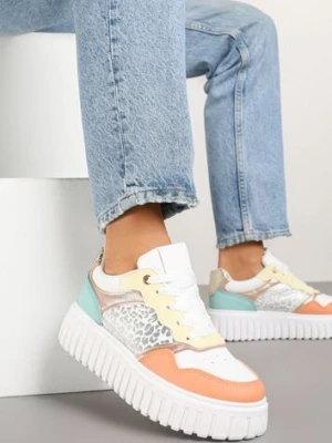 Biało-Pomarańczowe Sneakersy na Platformie z Tłoczeniem Ozdobione Panterką i Perforacją Udivaya renda