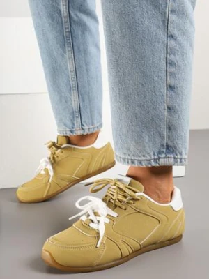 Żółte Sneakersy z Podwójnymi Sznurowadłami i Przeszyciami Teleritia
