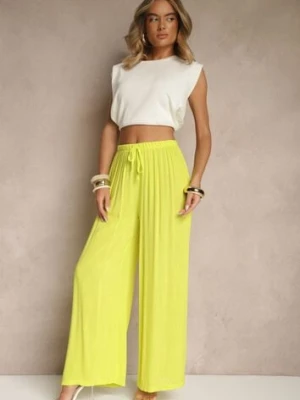 Żółte Szerokie Spodnie High Waist z Gumką w Talii Ilnena
