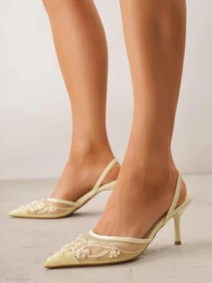 Żółte Szpilki VICES z Odkrytą Piętą z Bogato Zdobionym Noskiem z Koralikami Daphironei