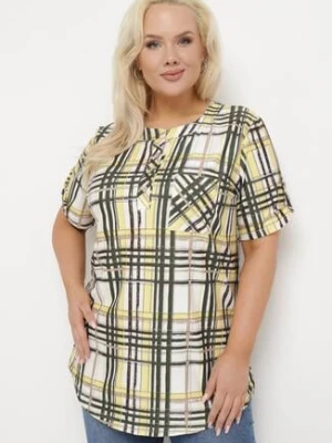 Żółto-Beżowa Bluzka w Kratę z Guzikami i Kieszonką Alerasi metrofive